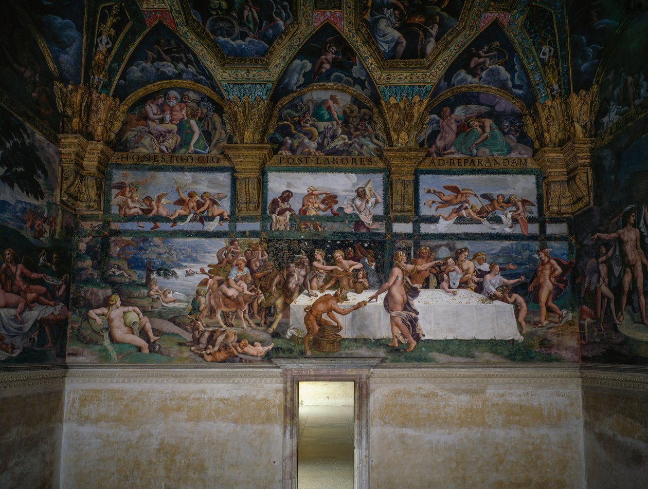 Bryllupsfest eller gudenes bankett, freskomaleri av Giulio Romano (1499-1546), vestveggen til Chamber of Cupid and Psyche, Palazzo Te, Mantua (UNESCOs verdensarvliste, 2008), Lombardia, Italia av Giulio Romano