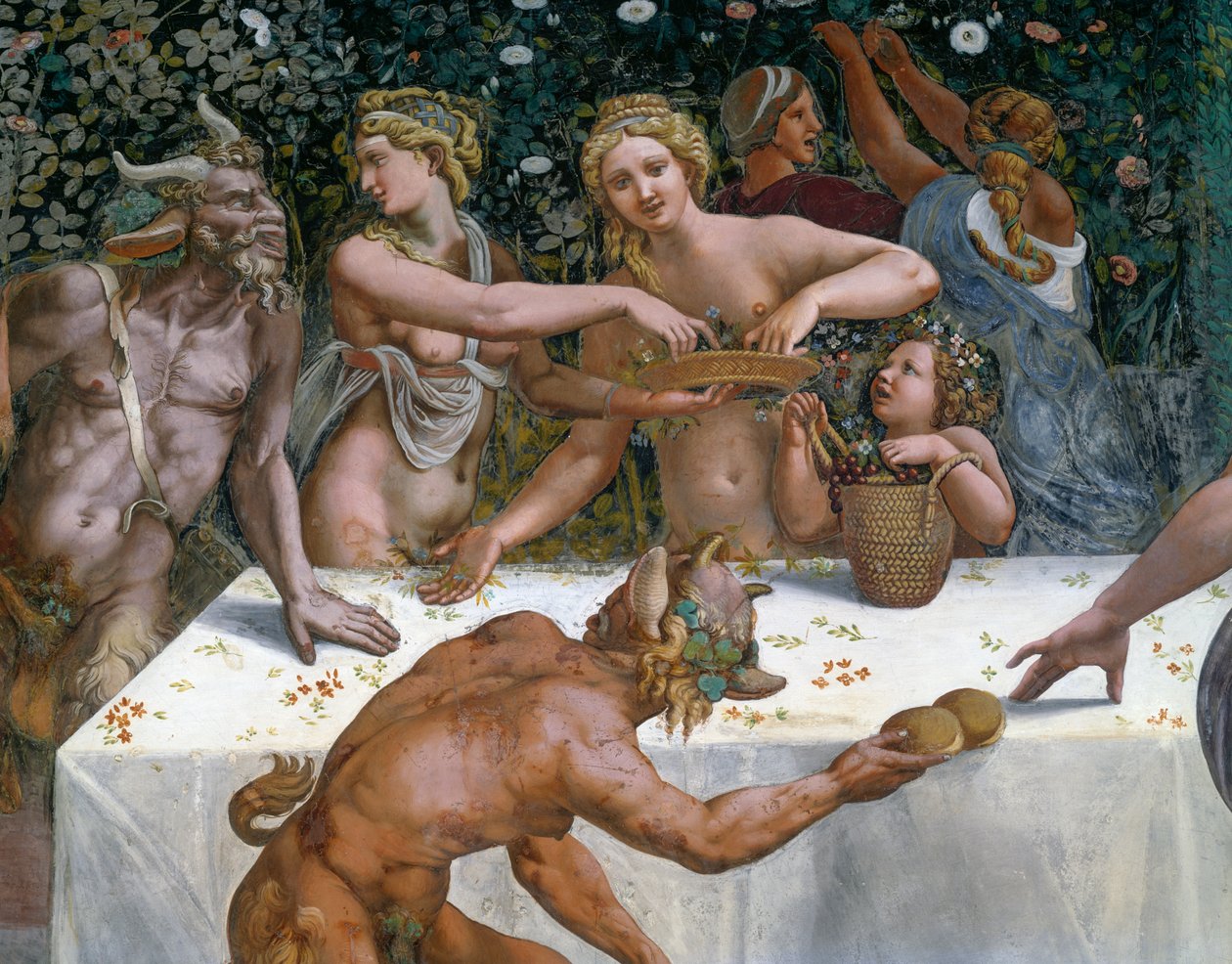 Bryllupsfest eller gudenes bankett, freskomaleri av Giulio Romano (1499-1546), vestveggen til Chamber of Cupid and Psyche, Palazzo Te, Mantua (UNESCOs verdensarvliste, 2008), Lombardia, Italia av Giulio Romano