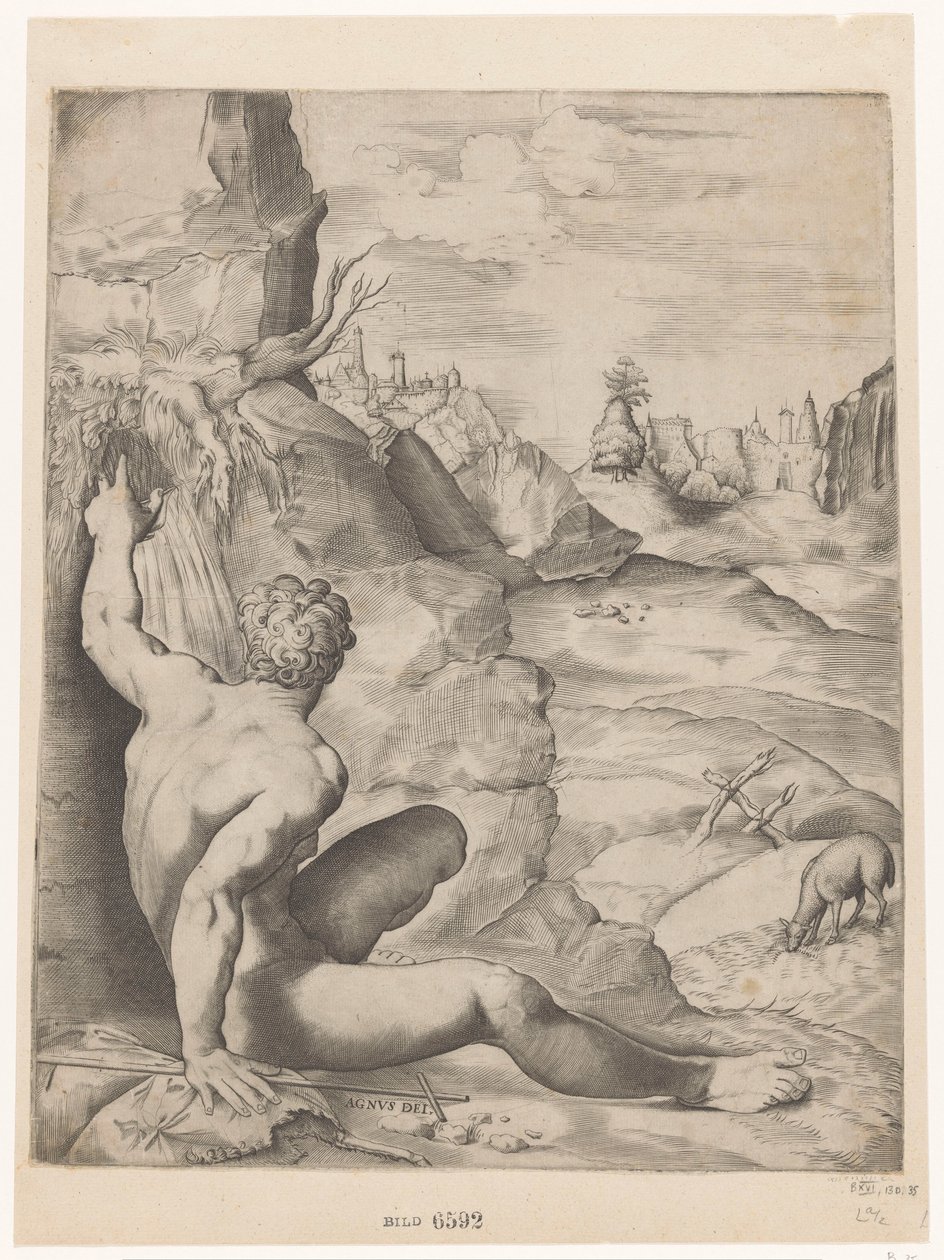 Døperen Johannes i ørkenen Agnus dei (tittel på objekt) av Giulio Sanuto