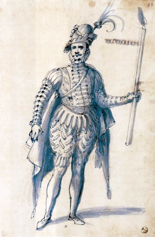 Kostymetegning for en mannsfigur med fakkel av Giuseppe Arcimboldo