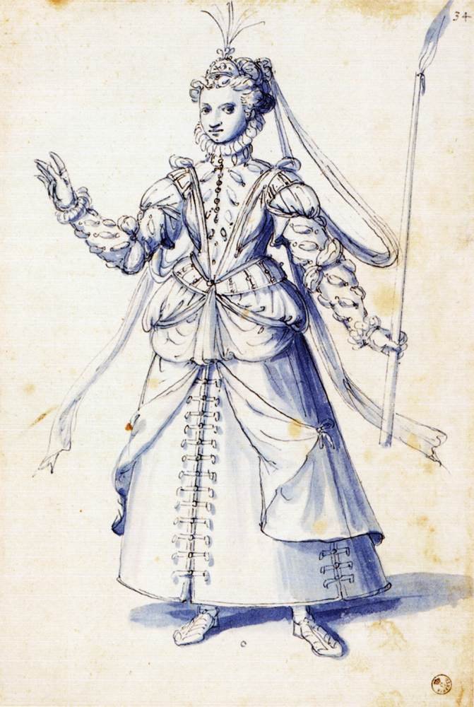 Kostymetegning av en kvinne med fakkel av Giuseppe Arcimboldo