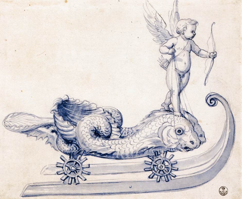 Skisse for en slede med figurer av Giuseppe Arcimboldo