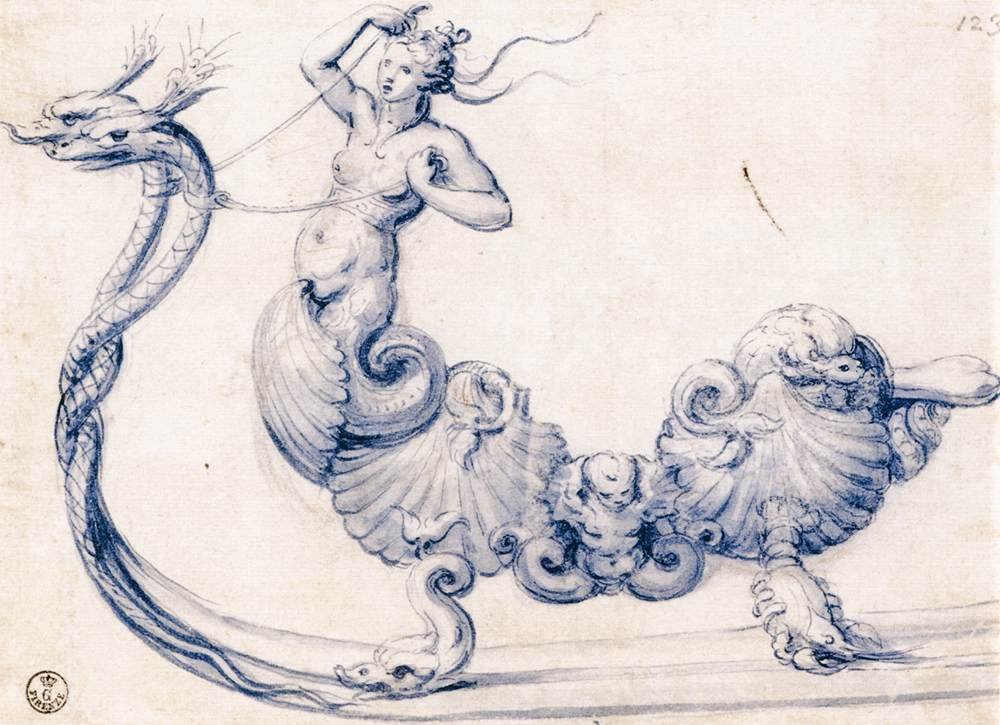 Skisse for en slede med figurer av sirener av Giuseppe Arcimboldo