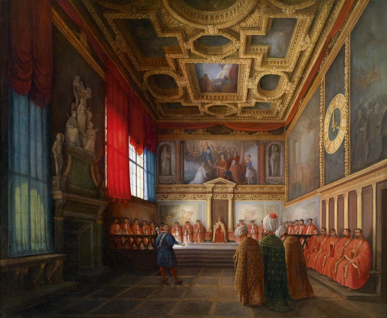 Mottakelse av den osmanske ambassaden ved Dog of Venice i Sala del Collegio i Dogepalasset av Giuseppe Bernardino Bison
