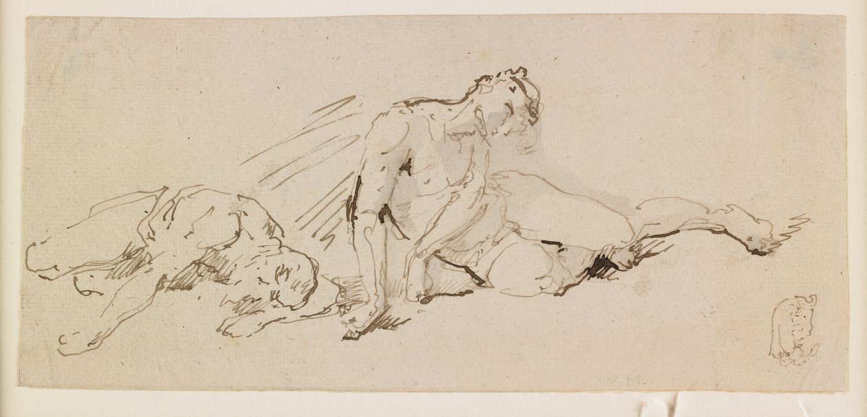 To mannsfigurer (Studie for oppstandelsen) (penn og brunt blekk og grå vask) av Giuseppe Bernardino Bison