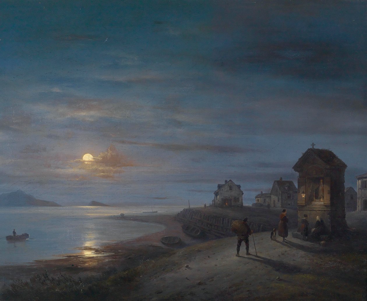 Kystlandskap med månen stige i 1840 av Giuseppe Canella
