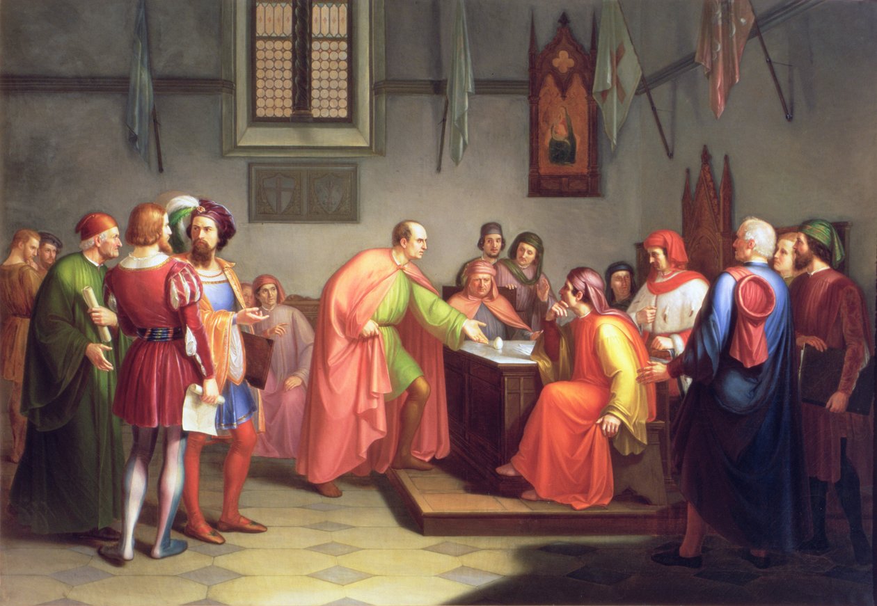Den florentinske arkitekten Brunelleschi beviser sin teori om konstruksjonen av katedralens kuppel ved hjelp av et egg av Giuseppe Fattori