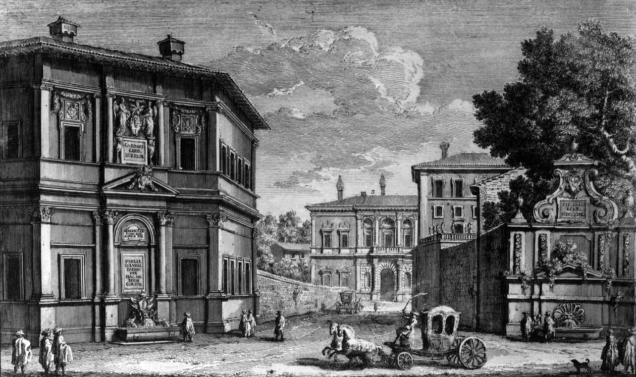 Utsikt over Casino della Vigna og Villa Giulia utenfor, ca. 1761 (radering) av Giuseppe Vasi