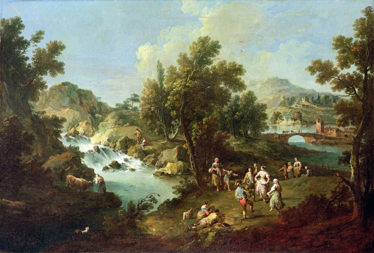 Landskap med en elv og dansende bønder av Giuseppe Zais