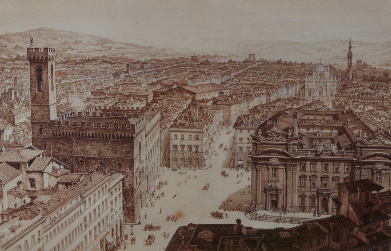 Utsikt over Piazza di San Firenze og Piazza Santa Croce, Firenze av Giuseppe and Sanesi, Nicola Poggi
