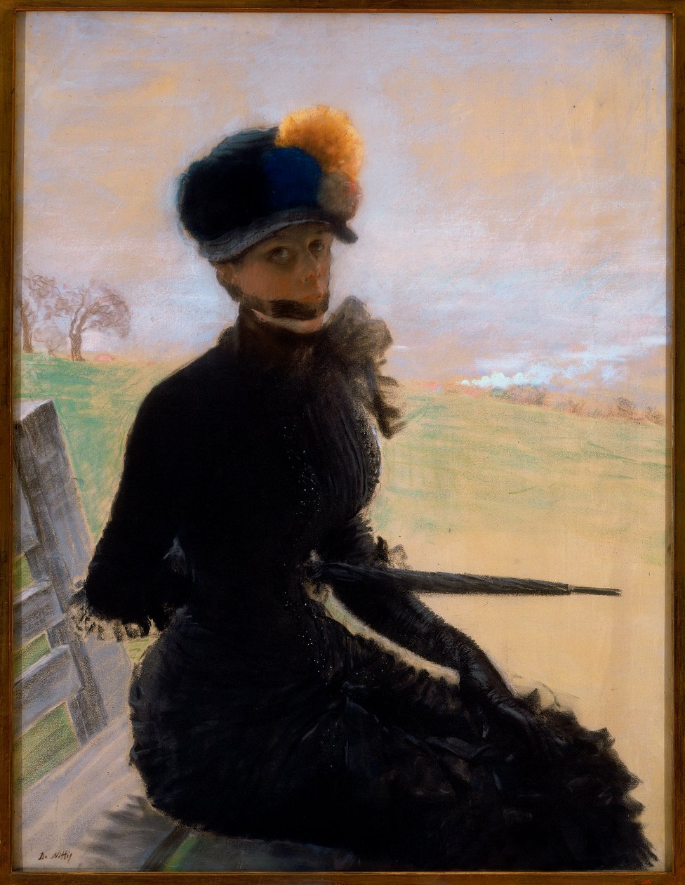 Portrettmaleri av en kvinne som sitter på en benk av Giuseppe de Nittis