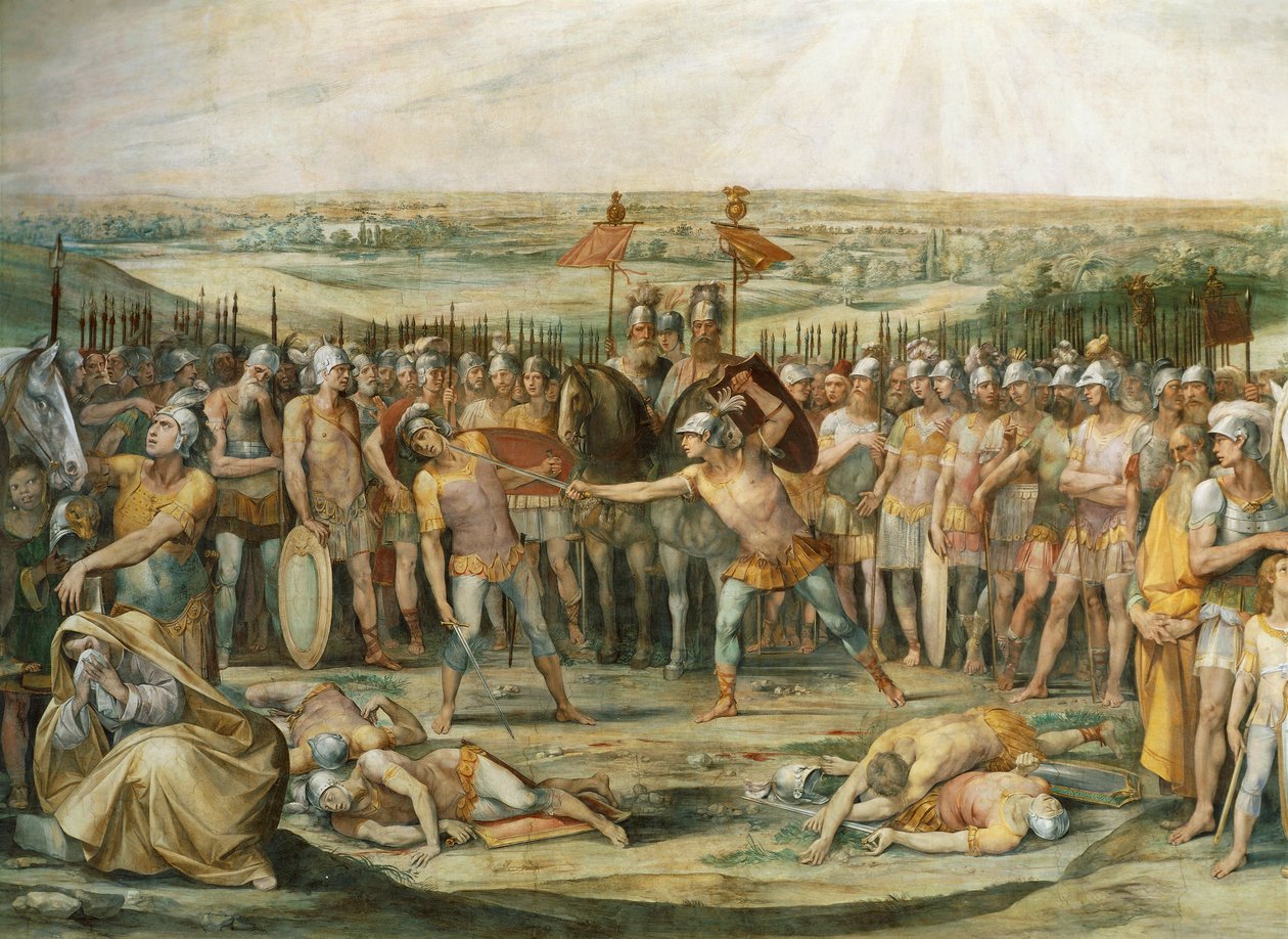 Kamp mellom Horatii og Curiatii, av Giuseppe Cesari (1568-1640), freskomaleri, Hall of the Horatii og Curiatii, Palace Conservatories, Roma. Romerriket, Italia, 700-tallet f.Kr. av Giuseppe Cesari