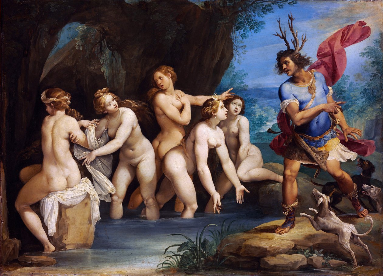 Diana og Actaeon - Maleri av Giuseppe Cesari (1568-1640), olje på kobber, ca 1604, 50x69 cm - Diana og Actaeon, olje på kobber av Giuseppe Cesari - Szepmuveszeti Muzeum, Budapest av Giuseppe Cesari