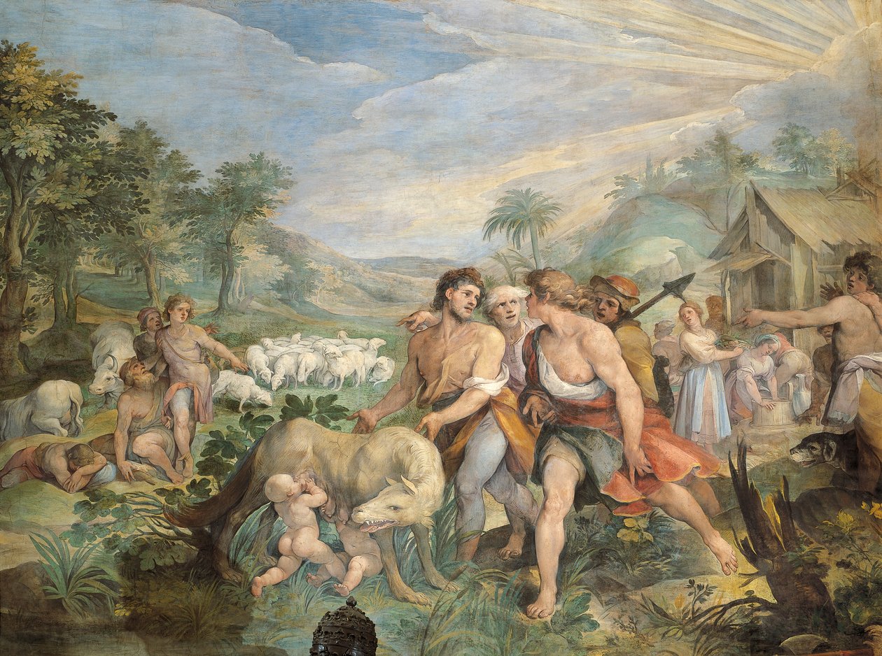 Romulus og Remus, die av ulv, funnet av Faustulus på bredden av Tiberen, av Giuseppe Cesari (1568-1640), freskomaleri, Hall of Horatii og Curiatii, Conservatories Palace, Roma, Romerriket, Italia av Giuseppe Cesari