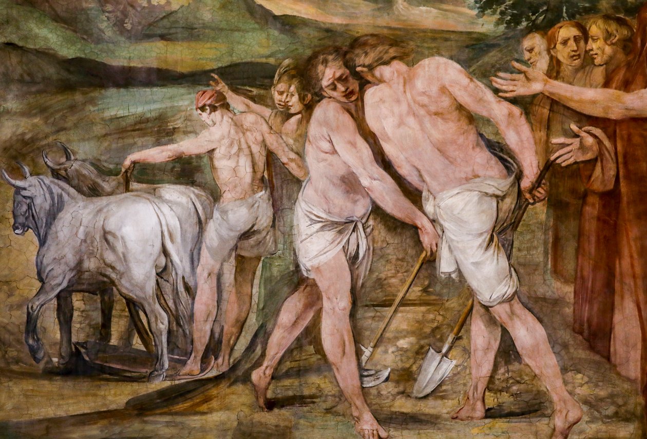 Romulus pløyer grenselinjen rundt den fremtidige byen Roma (detalj) av Giuseppe Cesari