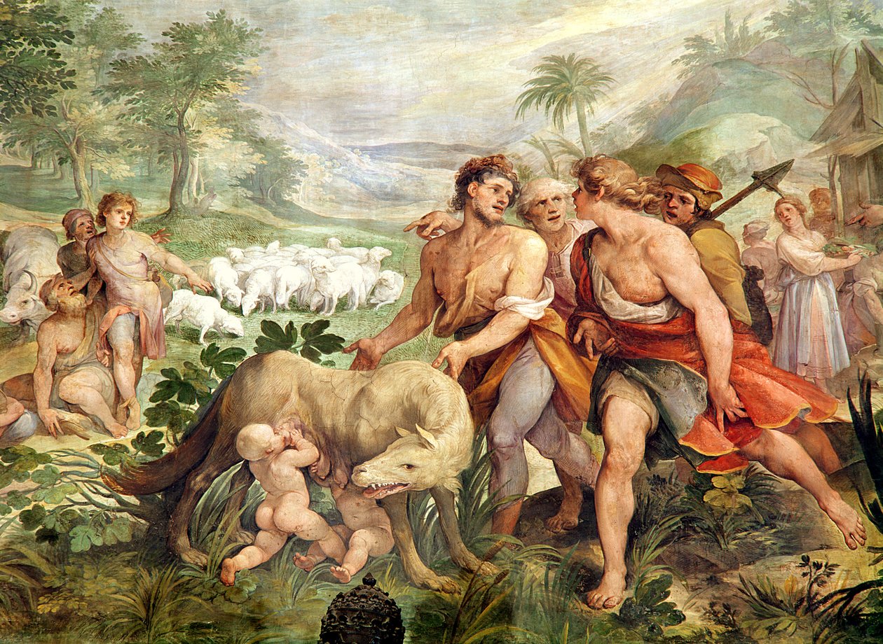 Romulus die av ulven, fra Sala dei Horatii e Curacii (fresco) av Giuseppe Cesari