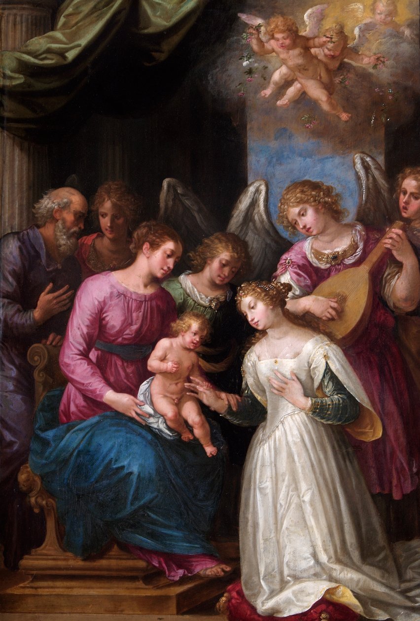 The Mystic Marriage of St. Catherine (olje på valnøttpanel) av Giuseppe (1568 1640) Cesari
