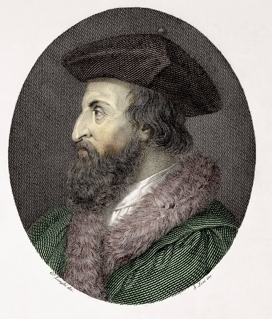 Portrett av den italienske legen, poeten og humanisten Girolamo Fracastoro (Hieronymus Fracastorius eller Jerome Fracastor) (1478/83-1553) Gravering privat samling av Giuseppe (after) Longhi