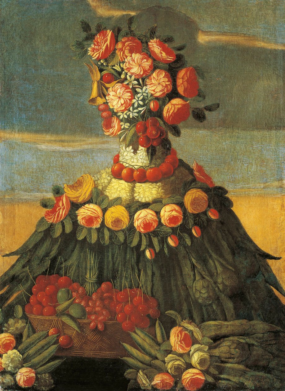Italia, Firenze, Våren, kurv med kirsebær med blomster av Giuseppe (follower of) Arcimboldo
