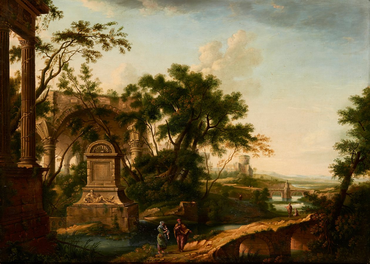 Et klassisk landskap med figurer ved ruiner (olje på lerret) av Giuseppe (manner of) Zais