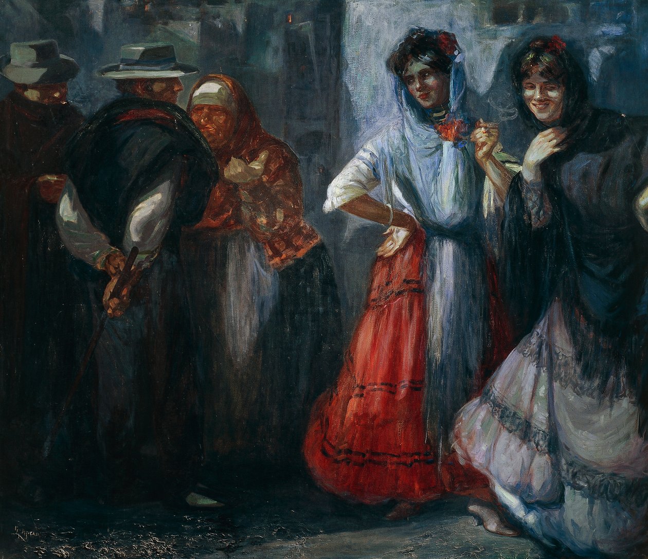 Gårdsgalanterier, maleri av Giuseppe Aprea (1876-1946), olje på lerret. Italia, 1900-tallet. av Giuseppe Aprea
