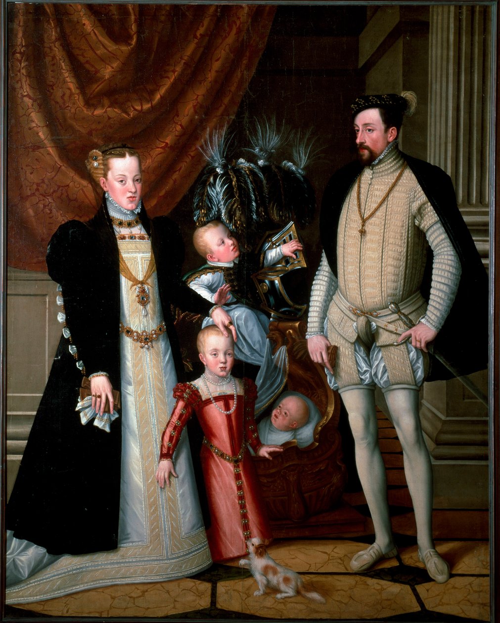Keiser Maximilian II (1527-1576) med sin familie: Maria av Spania (1528-1603), og deres barn Anne (1549-1580), Rodolph (1552-1612) og Ernest (1553-1591) Maleri av Giuseppe Arcimboldi (eller Arcimboldo) (1527-1593) 1553 Søn. 188x240 cm Ambras Castle, In av Giuseppe Arcimboldo