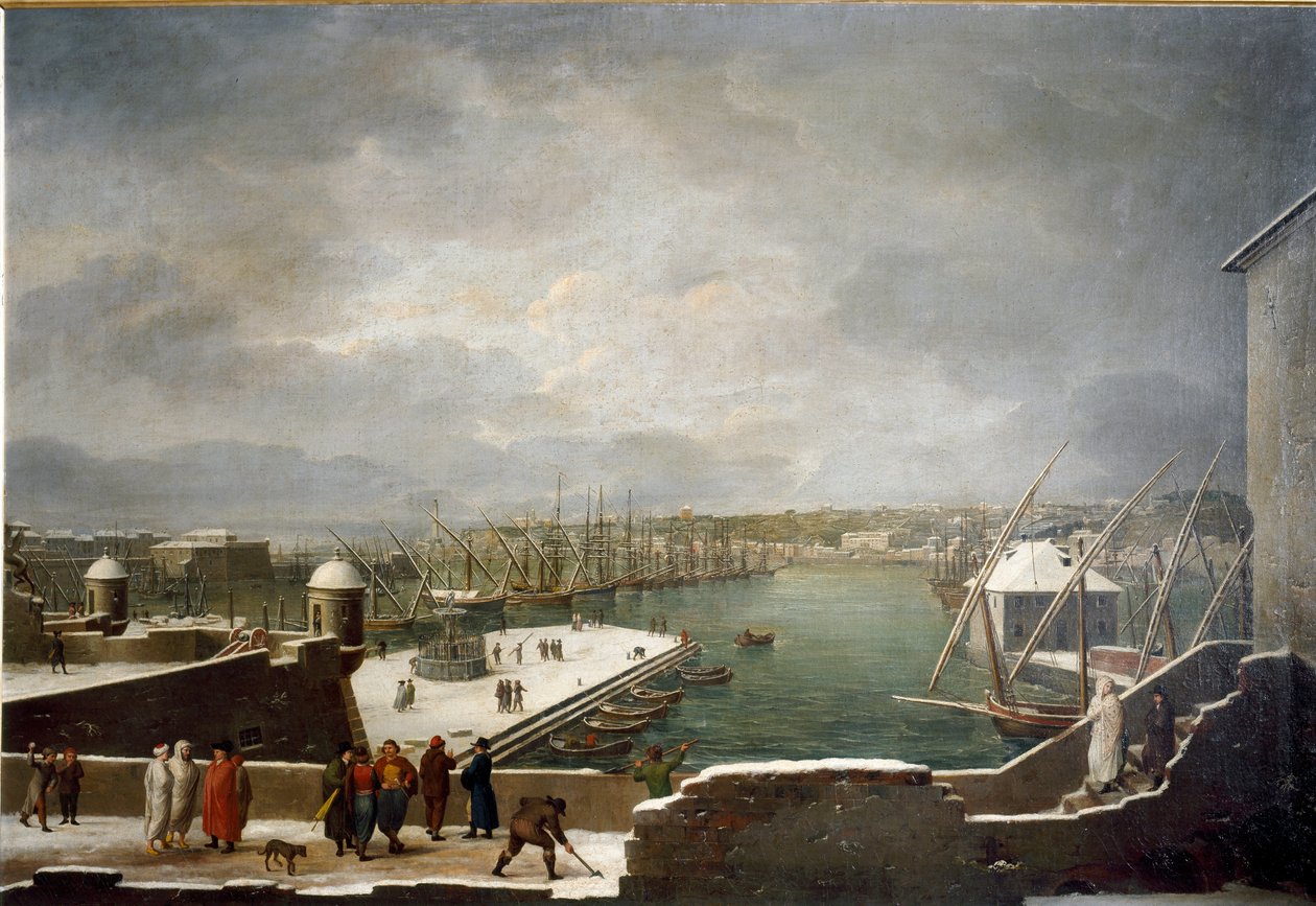 Utsikt over havnen i Genova dekket med snø (olje på lerret av Giuseppe Bacigalupo