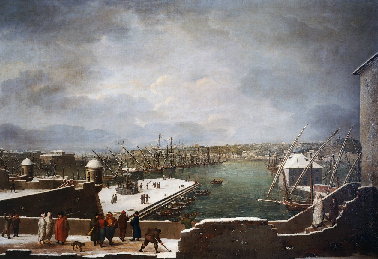 Utsikt over havnen i Genova i snøen av Giuseppe Bacigalupo