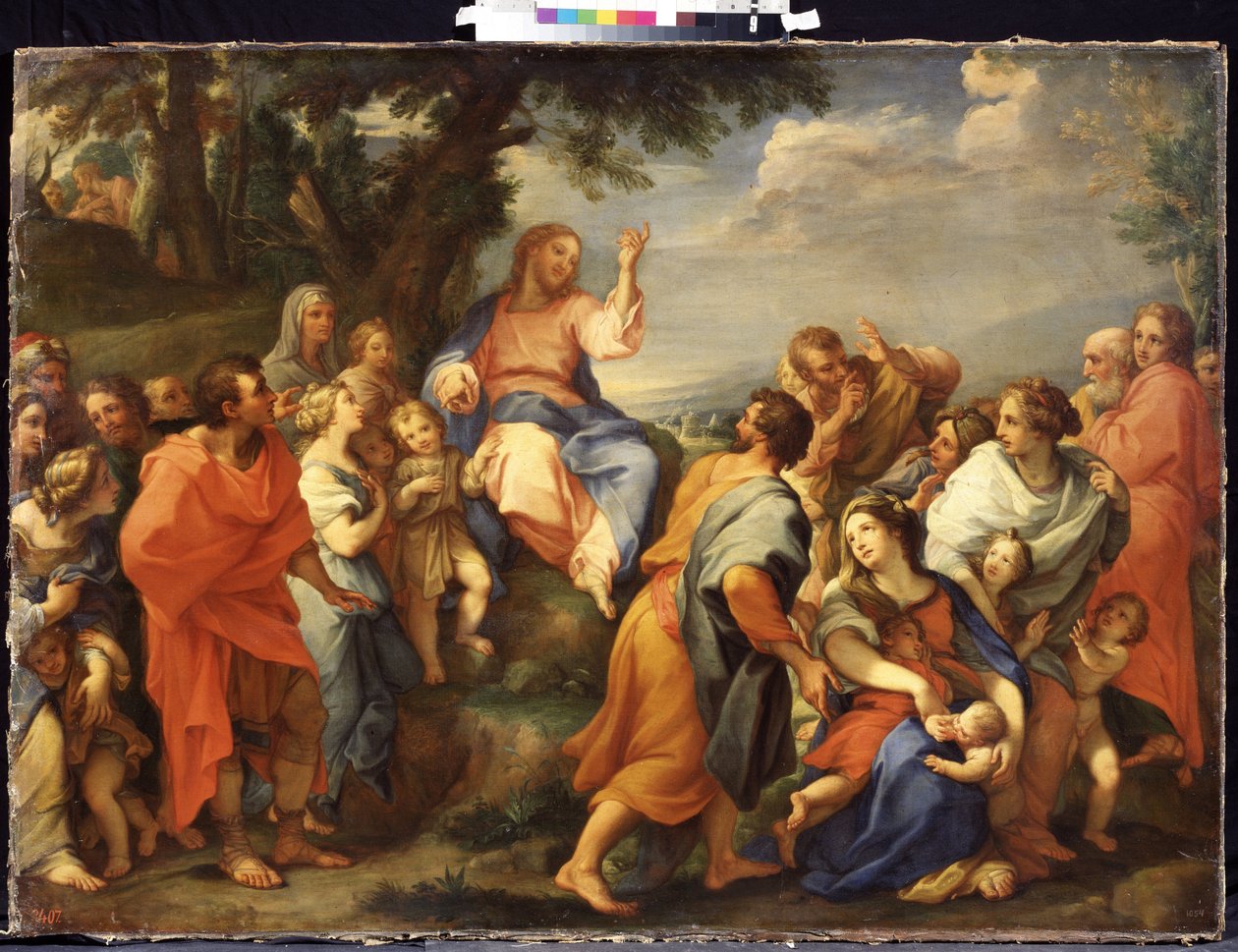 ""Bergprekenen: Jesus Kristus forkynner for alle sine disipler"" Maleri av Giuseppe Bartolomeo Chiari (1654-1727) Mikhail Kroshitsky kunstmuseum, Sevastopol (Sevastopol) Ukraina av Giuseppe Bartolomeo Chiari