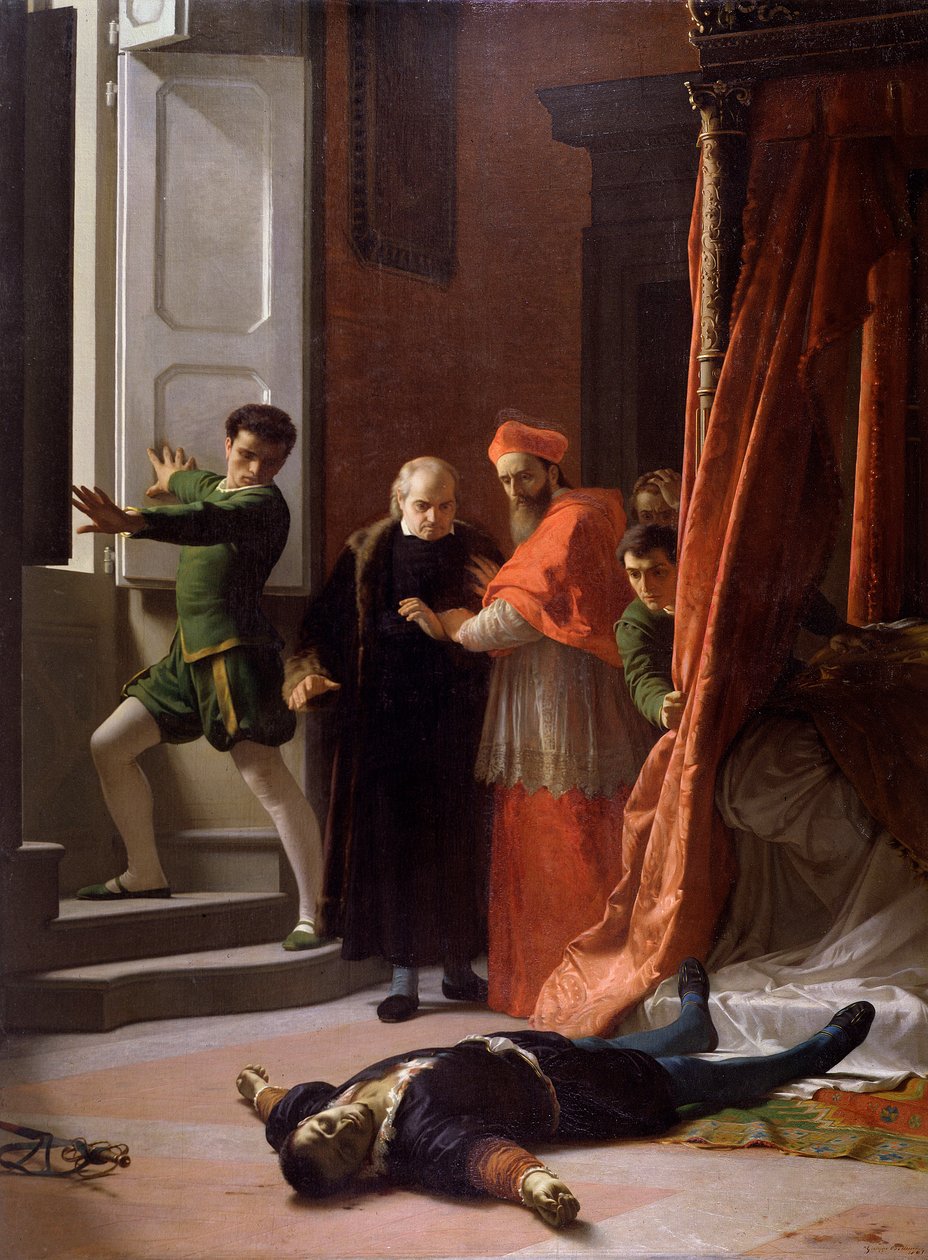 Død av hertugen av Firenze Alessandro de Medici drept av Lorenzino de Medici (olje på lerret av Giuseppe Bellucci
