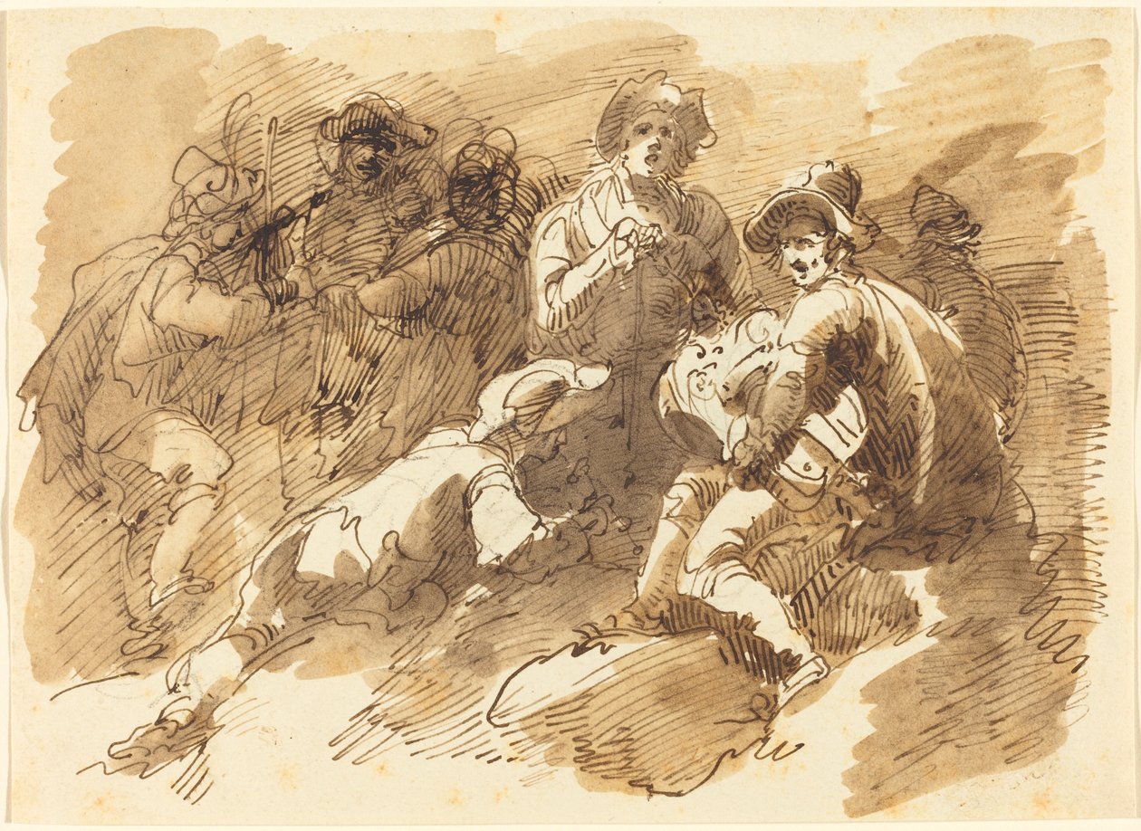 En hyggelig samling med en mann som spiller en Hurdy-Gurdy av Giuseppe Bernardino Bison