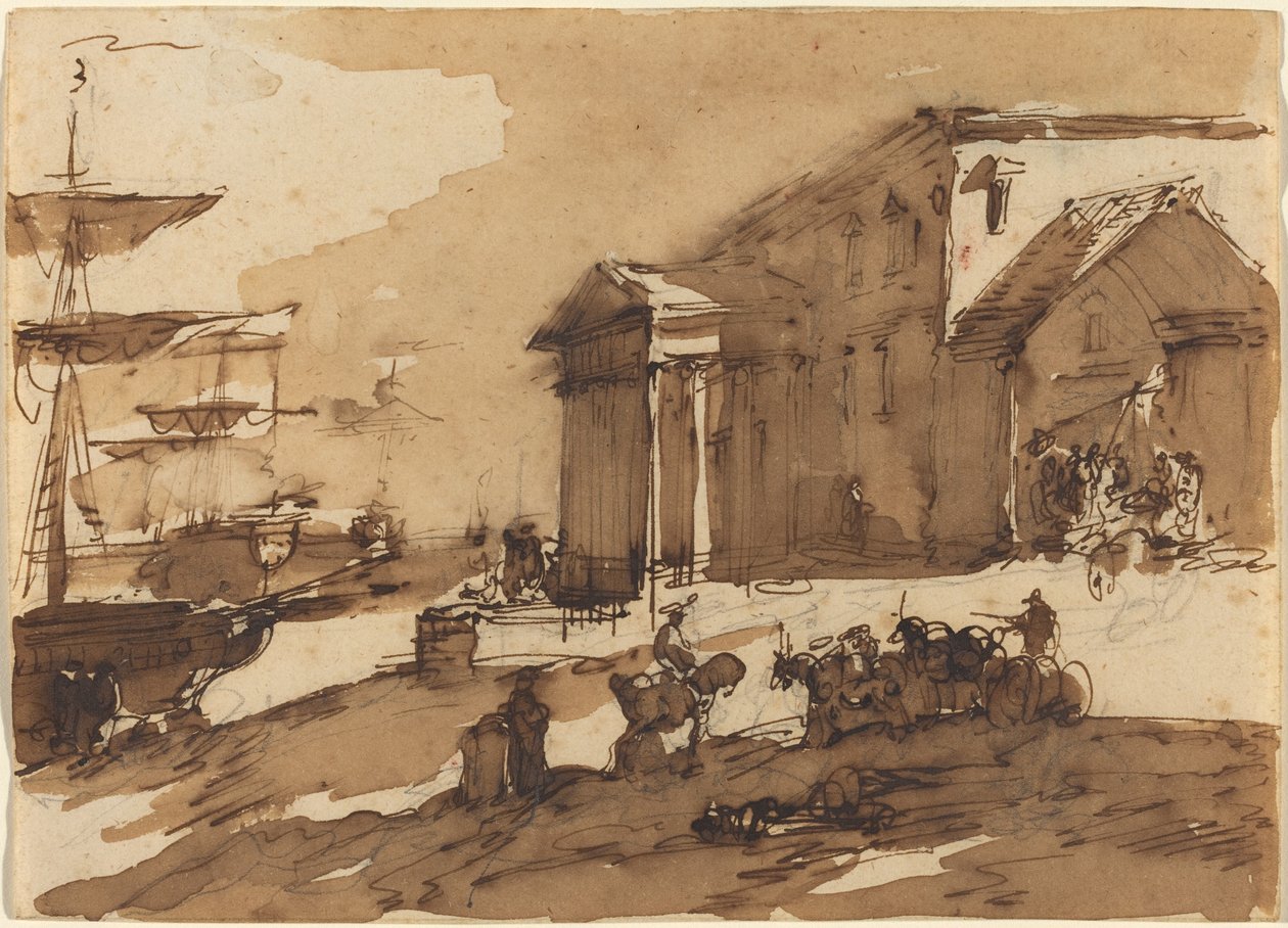 Capriccio av en havnescene av Giuseppe Bernardino Bison