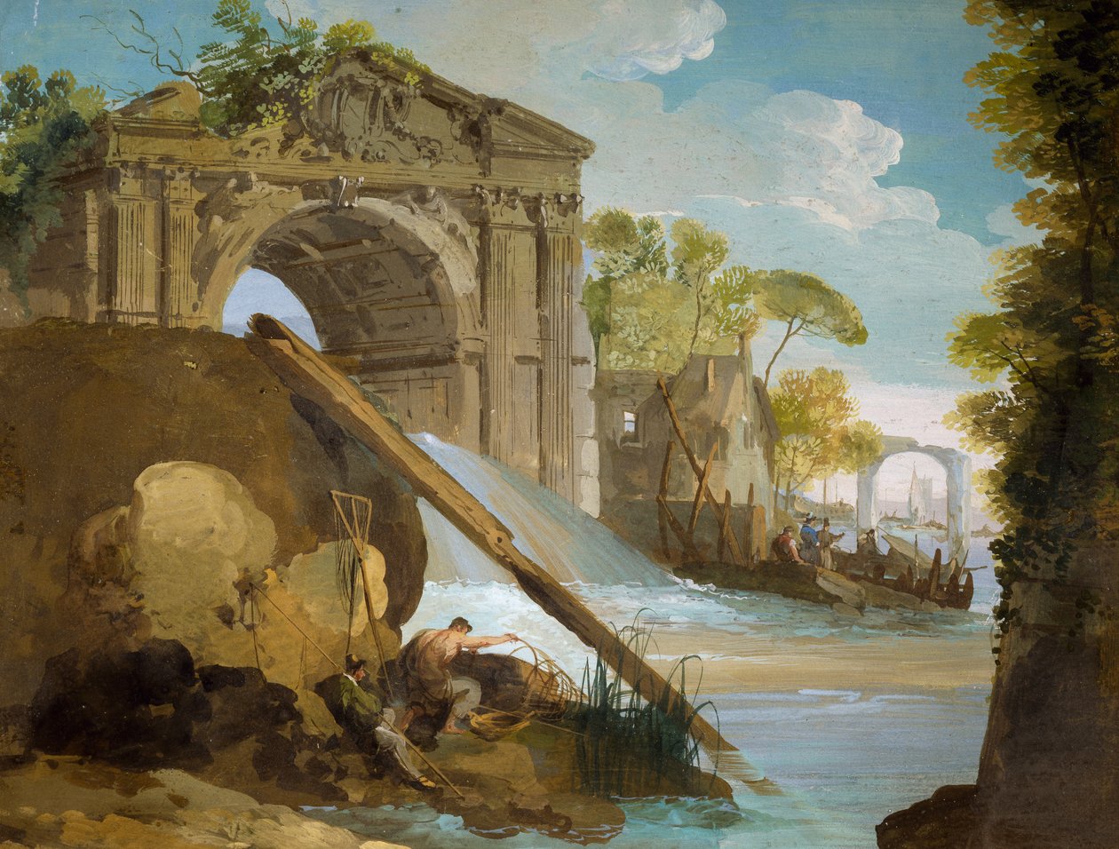 Imaginær utsikt: Elv med fiskere og ruiner, av Giuseppe Bernardino Bison (1762-1844) av Giuseppe Bernardino Bison
