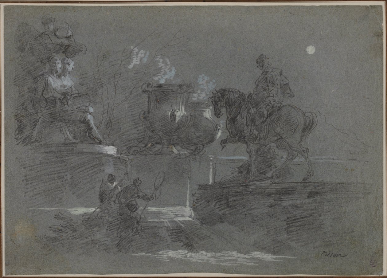 Monumental skulptur i en månebelyst park, ca. 1842. av Giuseppe Bernardino Bison