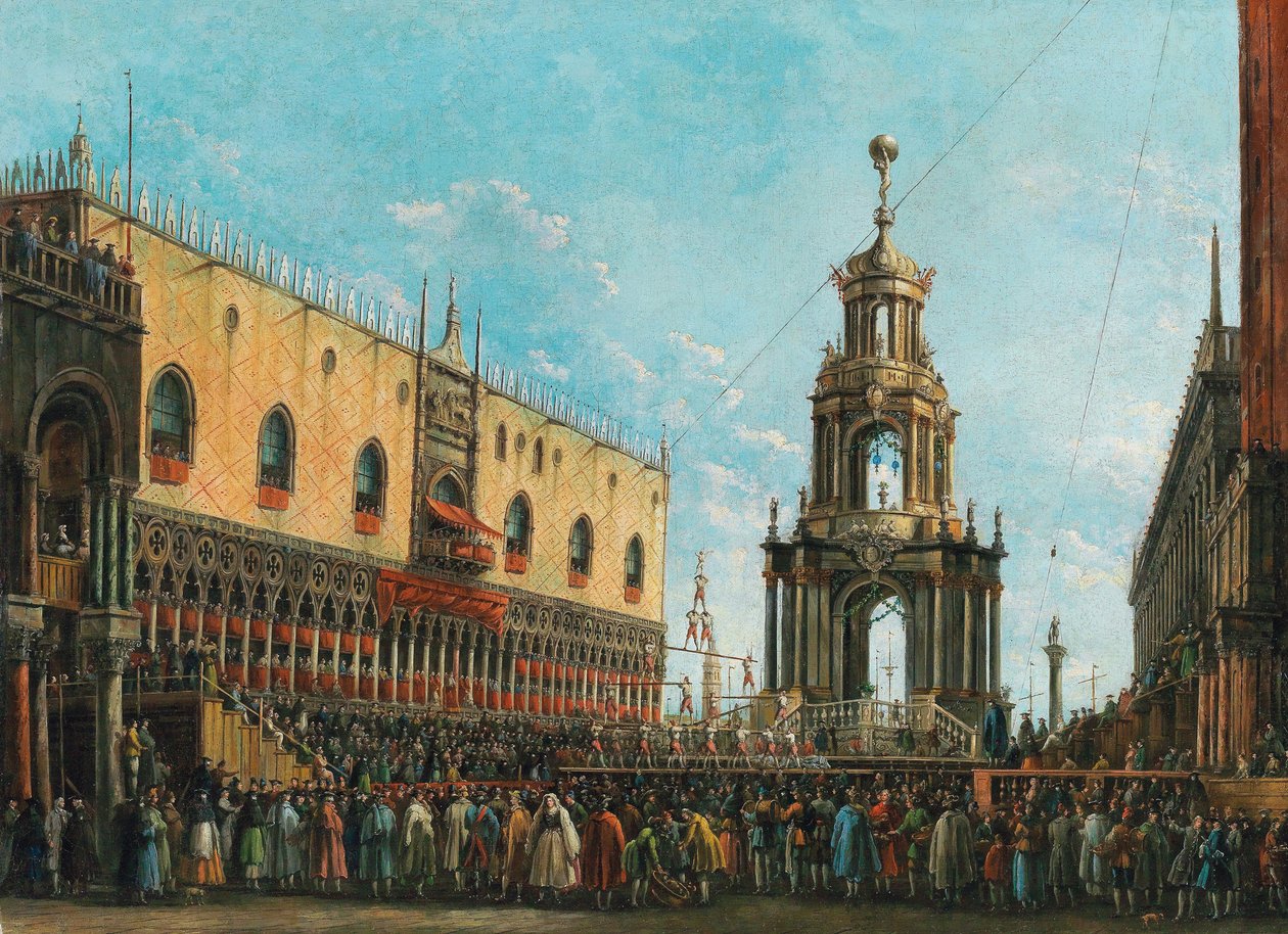 Giovedì Grasso-festivalen foran hertugpalasset i Venezia, 1830-tallet. av Giuseppe Bernardino Bison