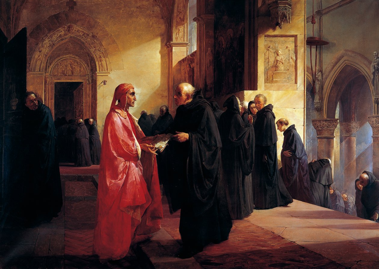 Møte mellom Dante (1265-1321) og Fra Ilario av Giuseppe Bertini