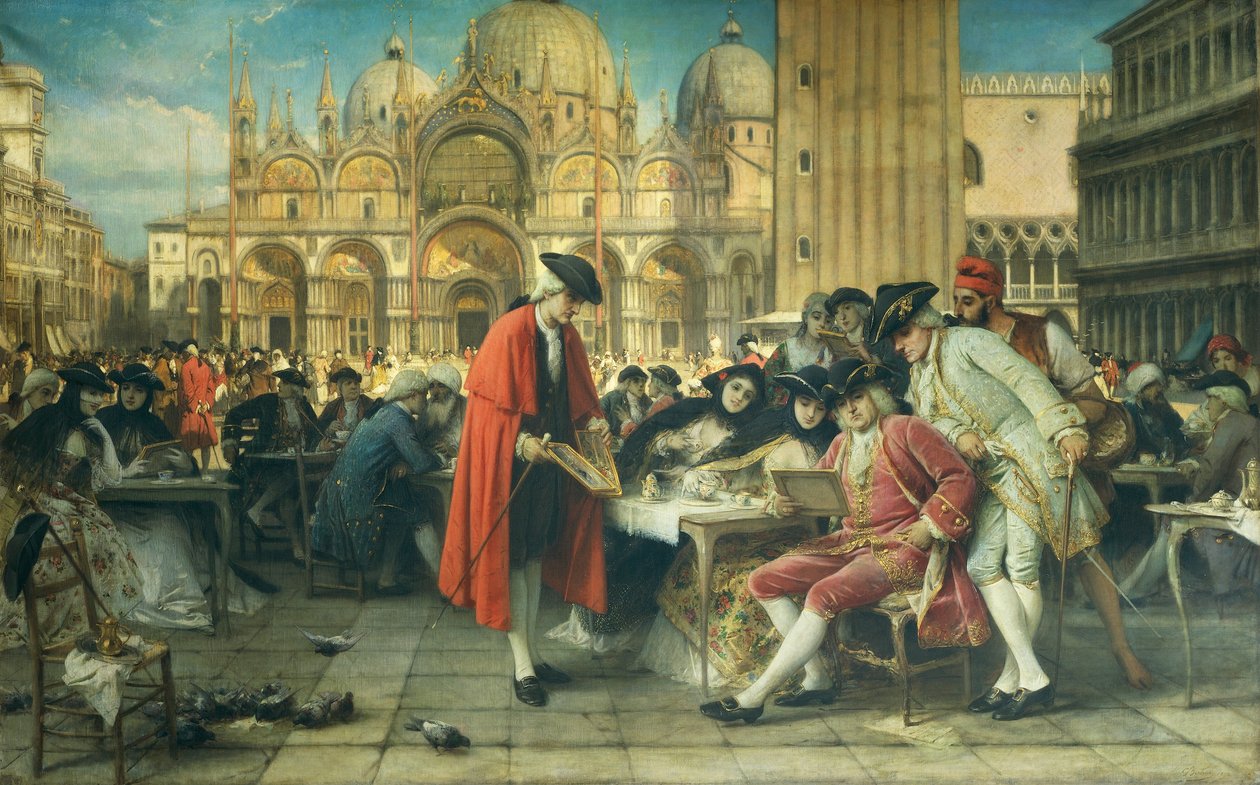 Maleren Francesco Guardi, Canalettos rival, selger bildene hans av Giuseppe Bertini (1825-1898), olje på lerret av Giuseppe Bertini