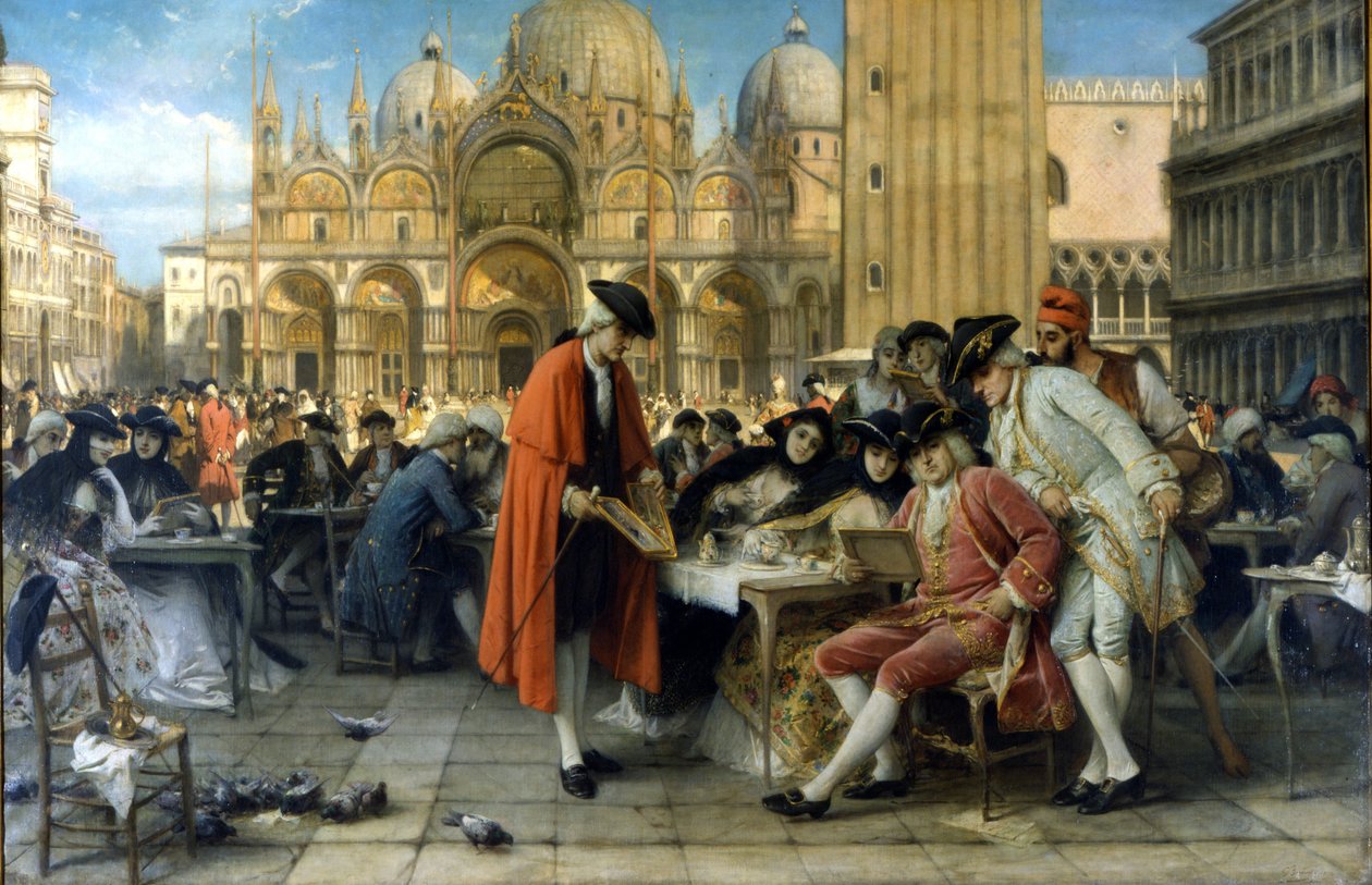 Maleren Francesco Guardi selger maleriene sine foran Florian-kafeen. 1892. Maleri av Giuseppe Bertini. Galleria d