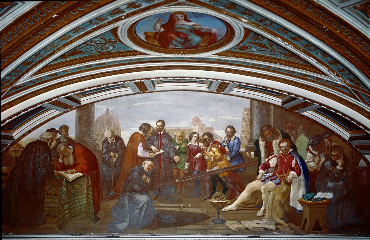 Galileo Galilei dit Galilee (1564-1642) demonstrerer loven om fall og gravitasjon. Galilea demonstrerer erfaringen med en skråplan under en offentlig forelesning i Pisa. Maleri av Giuseppe Bezzuoli (1784-1855) av Giuseppe Bezzuoli