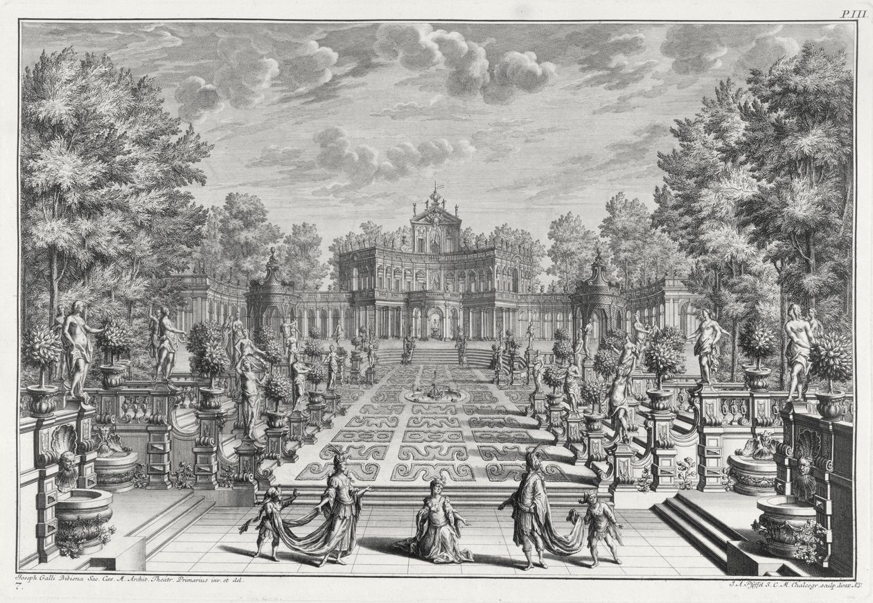 Oppsetting for en opera i en hage, fra Architectus Theatralis Primarius, gravert av Johann Andreas Pfeffel (1674-1748), utgitt 1740 av Giuseppe Bibiena