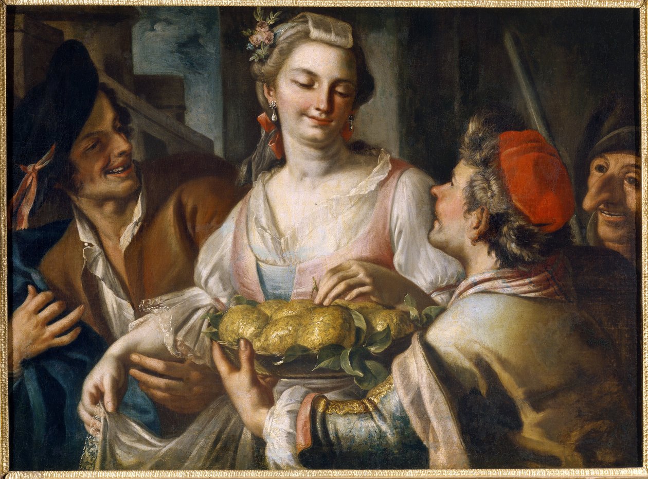 Karneval (karneval). Populær festscene i Venezia, en ung mann tilbyr et fruktfat til en ung kvinne som griper et eple, omgitt av karakterer, hvorav en har en grotesk maske fra commedia dell