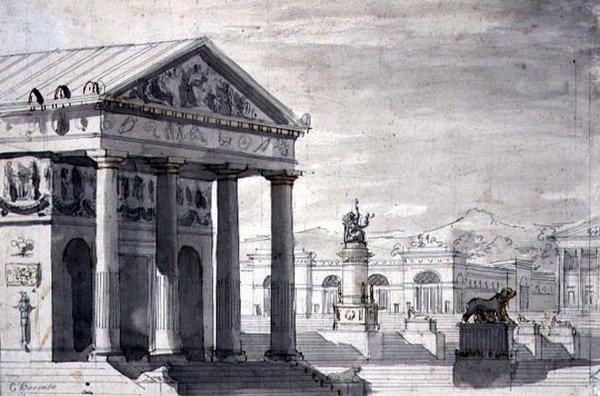 Nyklassisk scenesett, ca. 1825 (penn og blekk og sepiavask på papir) av Giuseppe Borsato