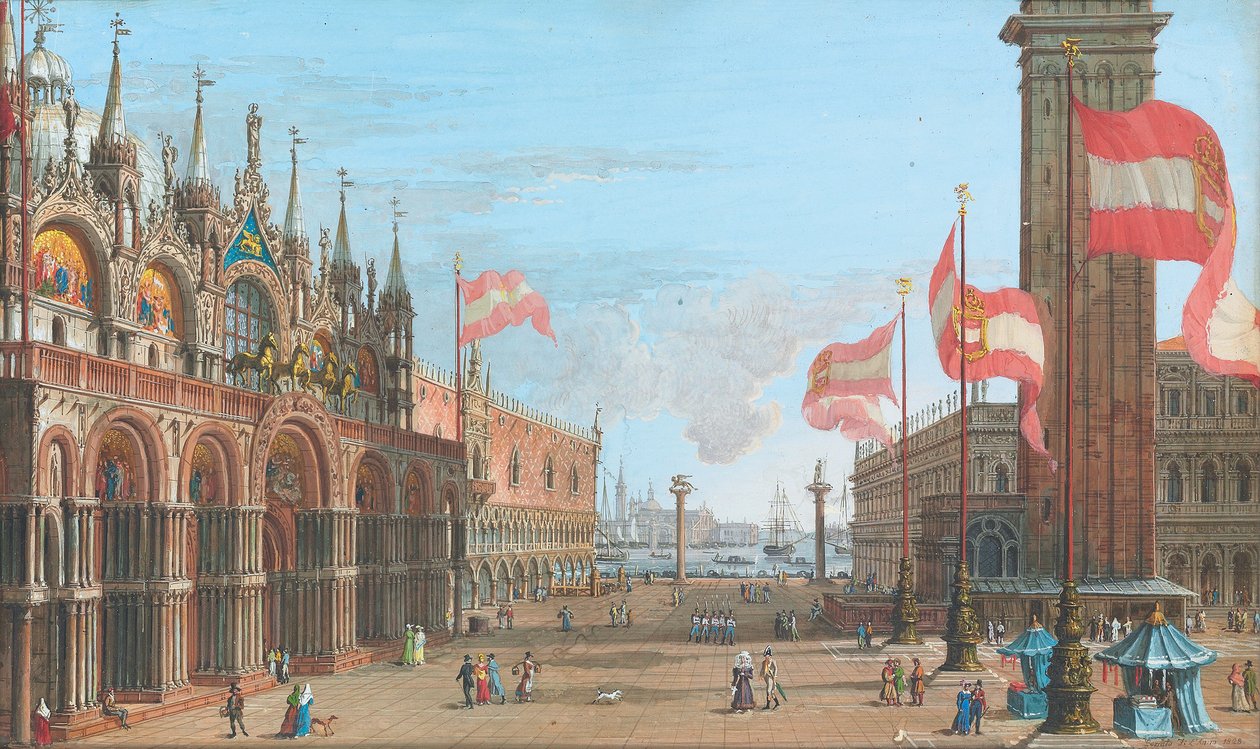 Utsikt over Markusplassen, Venezia, med Palazzo Ducale og Campanile, 1828 av Giuseppe Borsato