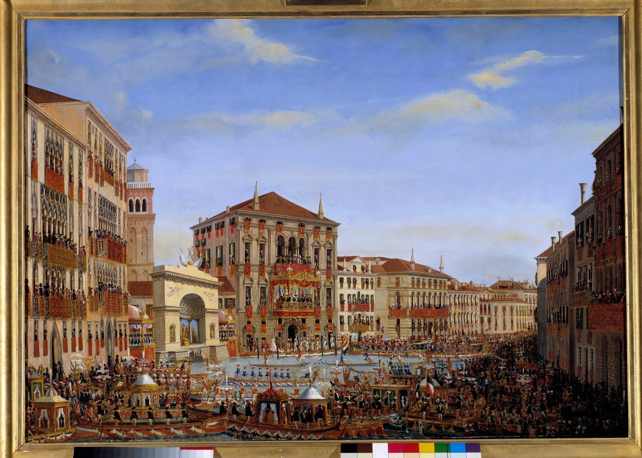 Besøk av Napoleon I til Venezia fra 28. november til 8. desember 1807: Keiseren som leder regattaene på Canal Grande fra balkongen til Baldi-palasset, ankommer fra løpet, 2. desember 1807 Maleri av Giuseppe Borsato (1771-1849). 1807 søn. 0,65 x av Giuseppe Borsato