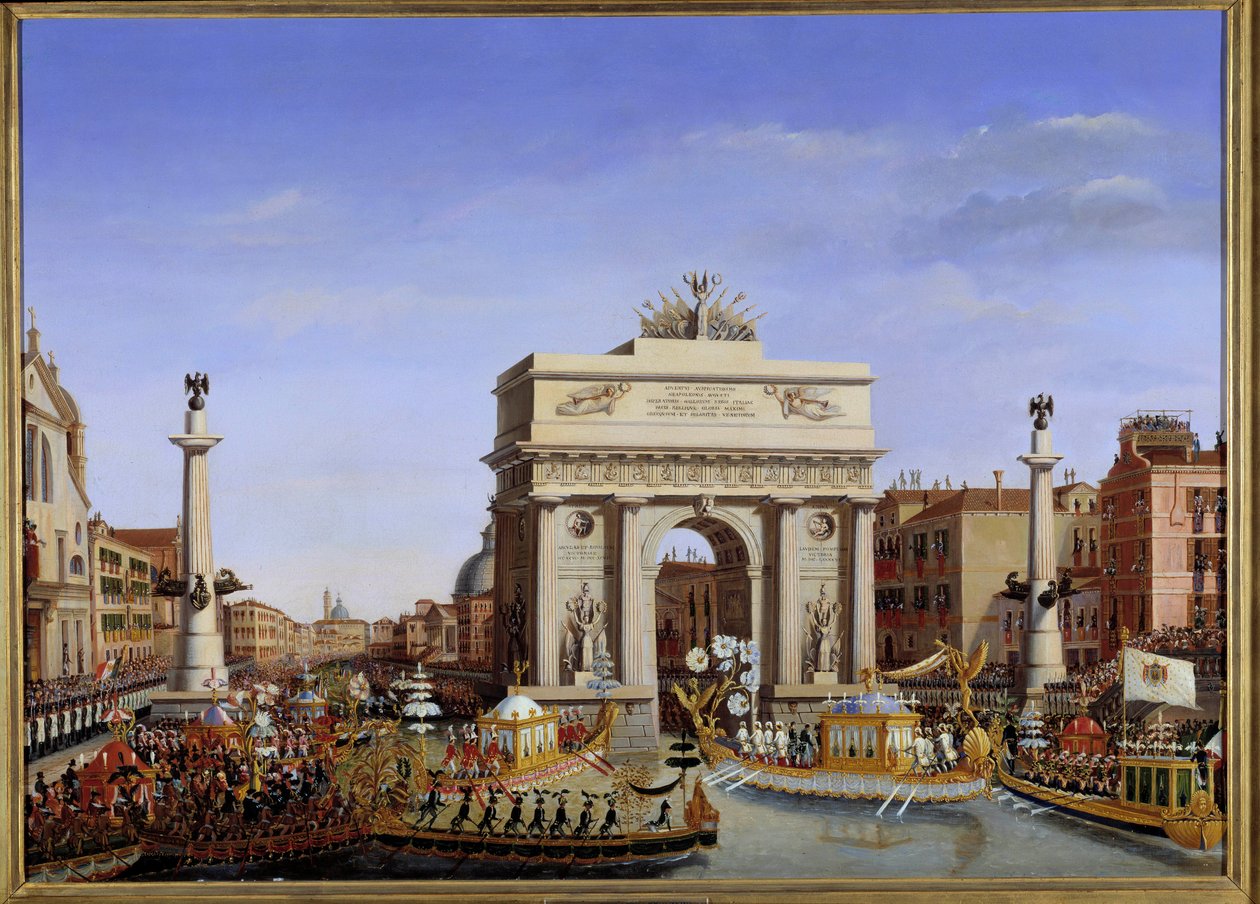 Besøk av Napoleon I til Venezia fra 28. november til 8. desember 1807: Inngang til keiseren i gondol på Canal Grande Procession av gondoler. Maleri av Giuseppe Borsato (1771-1849) 1800-tallet Søn. 0,65x0,90 m. - Napoleons besøk i Venezia fra 28. nr av Giuseppe Borsato