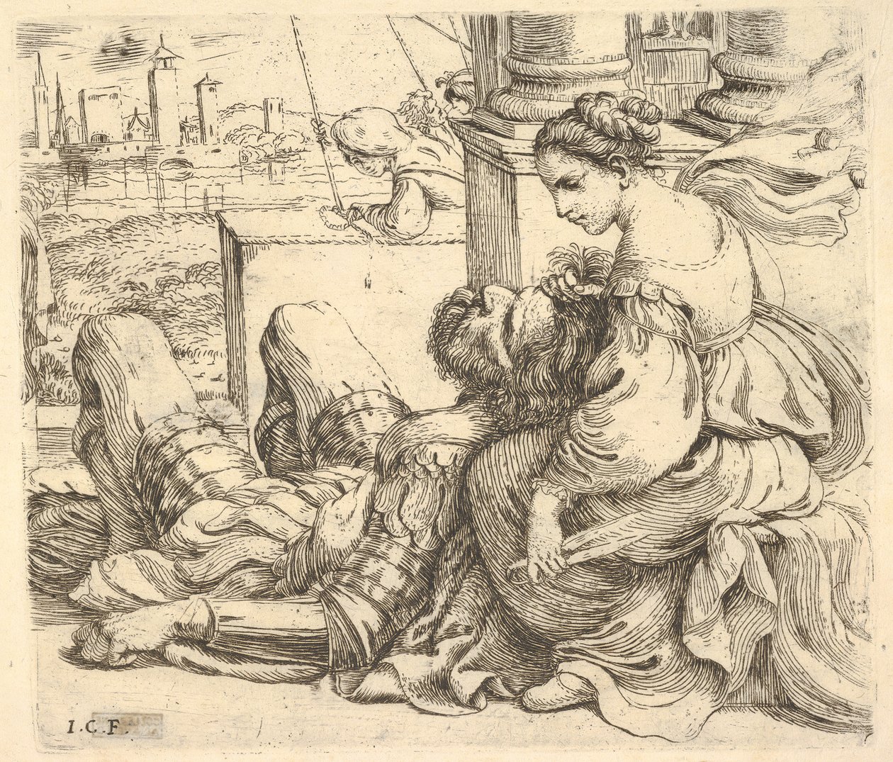 Delila holder Samsons hår og en saks, 1620-30. av Giuseppe Caletti