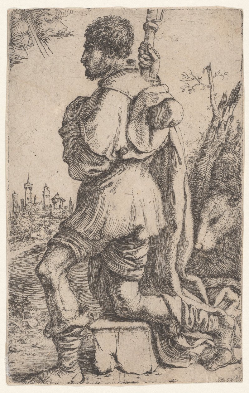 Saint Roch, knelende på en stein, sett fra siden med hunden bak seg..., 1620-30. av Giuseppe Caletti