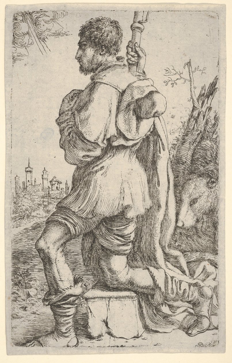 Saint Roch, knelende på en stein, sett fra siden med hunden bak seg og en by..., 1620-30. av Giuseppe Caletti