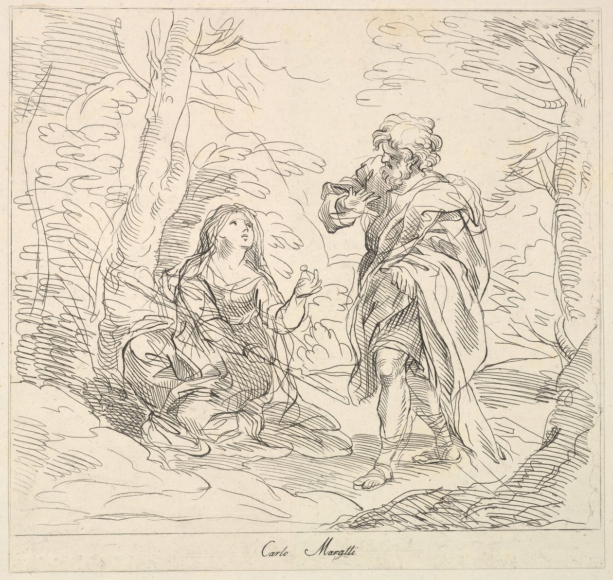 Sittende kvinne og skjeggete mann i et landskap, 1740-1802. av Giuseppe Canale