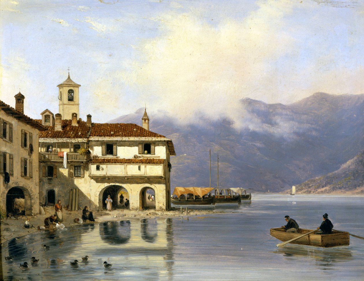 Como. Kysten og havnen i Menaggio (1850). Maleri av Canella. Menaggio (Como),. av Giuseppe Canella